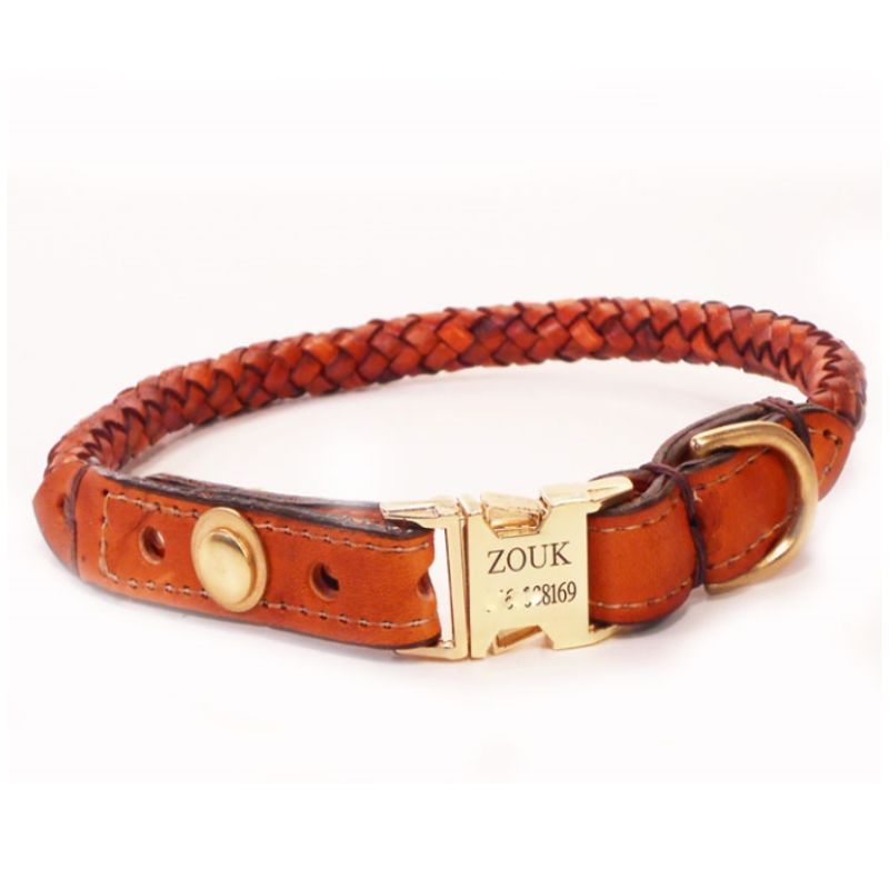 Rolled Leather Dog Collar with Name Plate